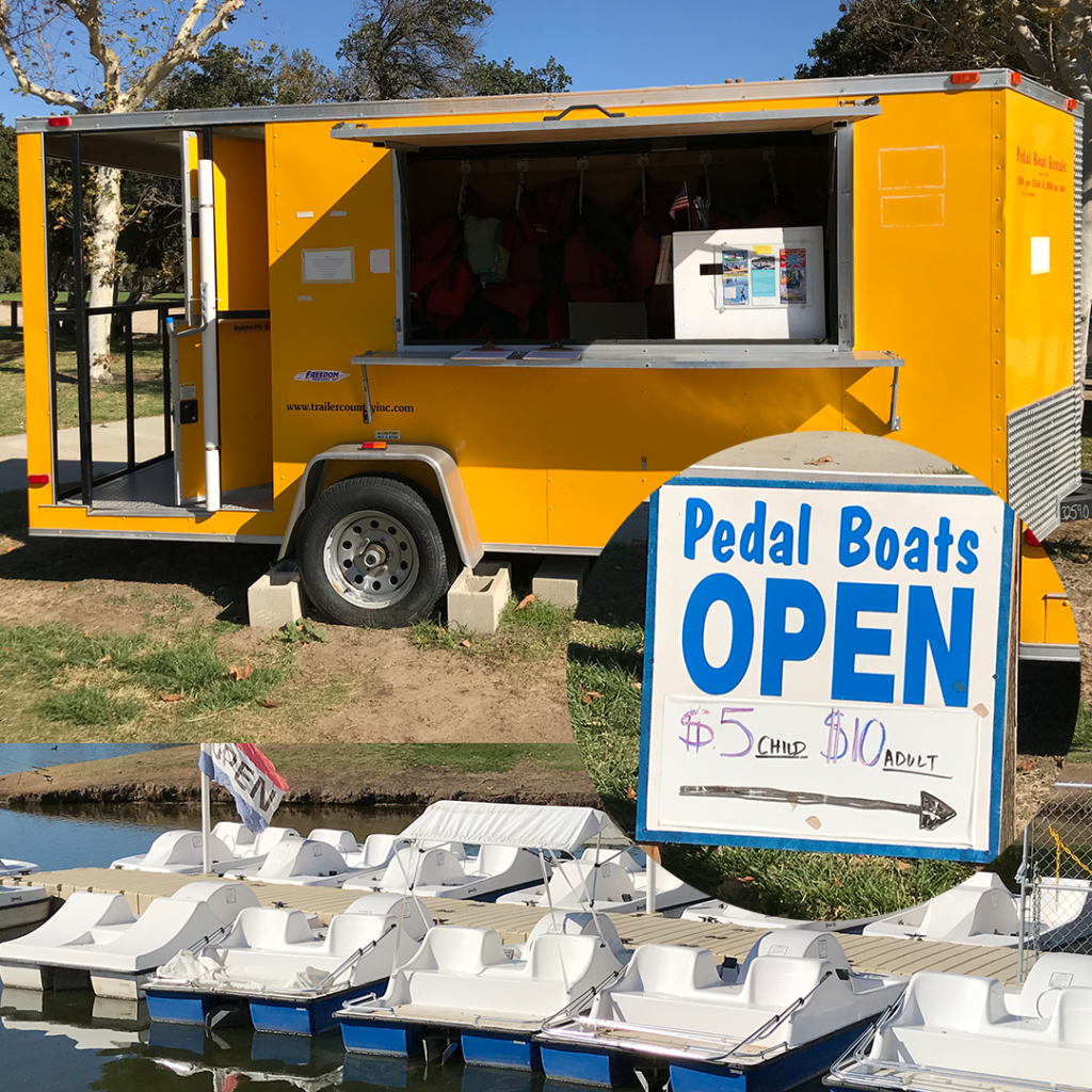 Yellow Vendor Trailor with a $5 open sign for pedal boats