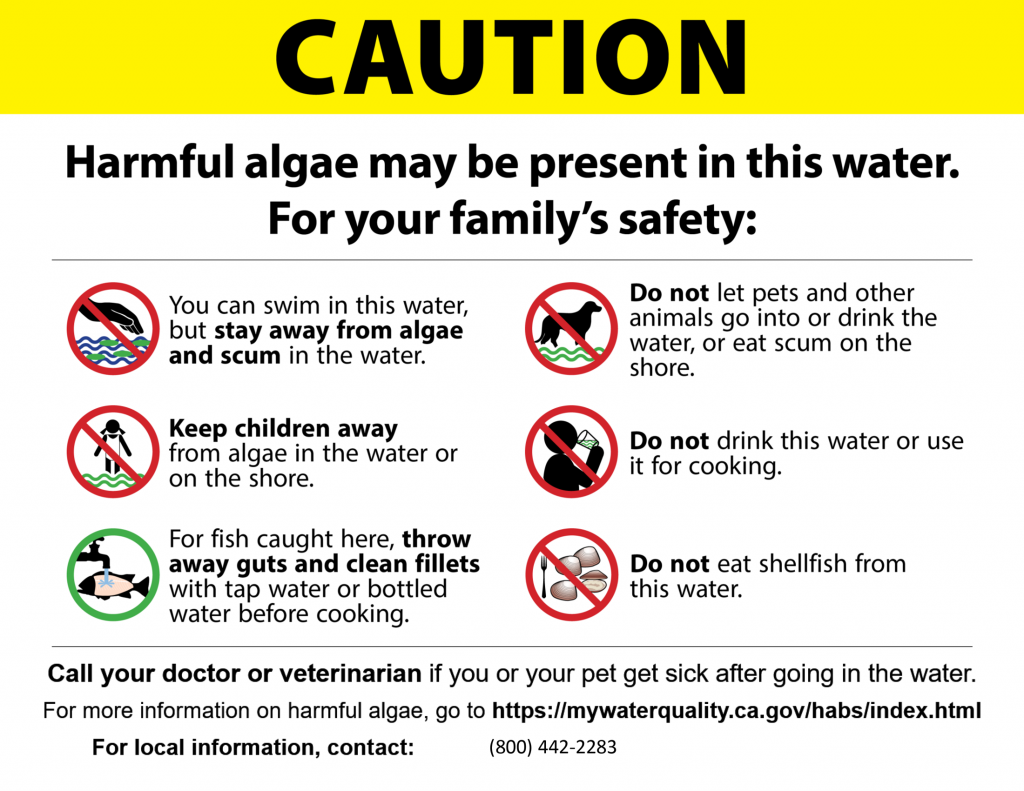 Sign with fishing caution images about lake water containing levels of bacteria.