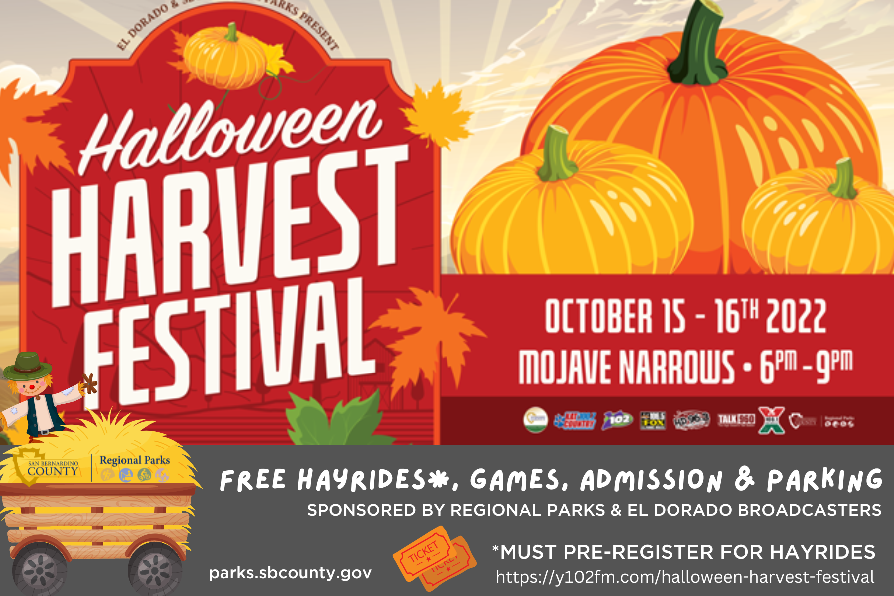 A graphic of pumpkins, hayride and scarecrow advertising the free Hallowenn Harvest festival at Mojave Narrows on Saturday, Oct. 15 and Sunday, Oct. 16 from 6 to 9 p.m.