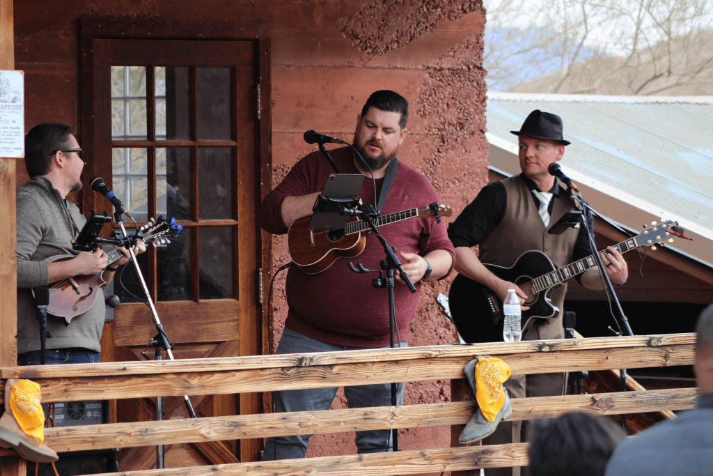 A trio of male musicians perform at Calico Ghost Town in 2023.