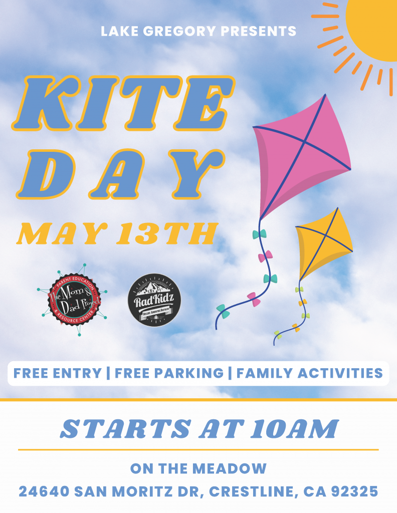 A graphic with kites announcing the free kite day at Lake Gregory on May 13.