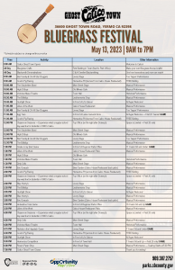 A schedule of events for the Calico Bluegrass Festival on May 13, 2023.