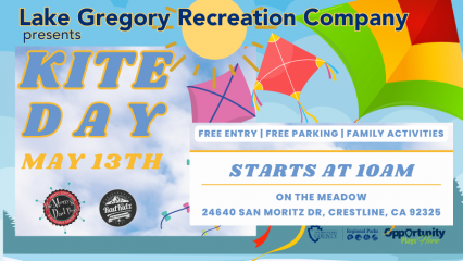A graphic with kites announcing the free kite day at Lake Gregory on May 13.