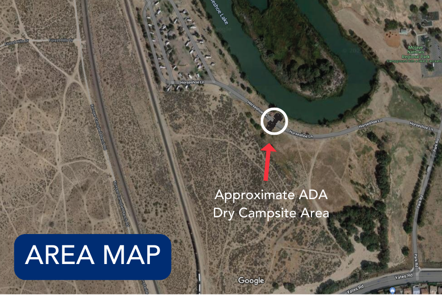 A Google satellite map indicating where the ADA campsites are located around Horseshoe Lake.
