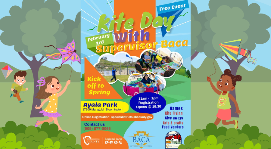 An illustration of a park with trees and blue sky with kids running holding a kite and a fliuer announcing the Kite Day with Supervisor Baca, Jr. on Saturday, Feb. 3 from 11 a.m. to 1 p.m. Free event rain or shine.
