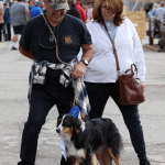 A smiling man and woman stand looking down at their collie dog with a blue first place ribbon at Calico Ghost Town California Days in 2023.