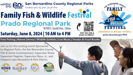 A photo of an Asian family with the dad, mom and little boy sitting by a lake with holding a fishing pole and the little boy holding a fish by the tail in the air with the head toward the ground. The event logo is featured on the right and more photos of kids are below with San Bernardino County Supervisors logos and a QR code for scanning to prepay.