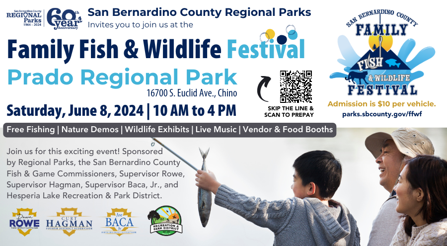A photo of an Asian family with the dad, mom and little boy sitting by a lake with holding a fishing pole and the little boy holding a fish by the tail in the air with the head toward the ground. The event logo is featured on the right and more photos of kids are below with San Bernardino County Supervisors logos and a QR code for scanning to prepay.
