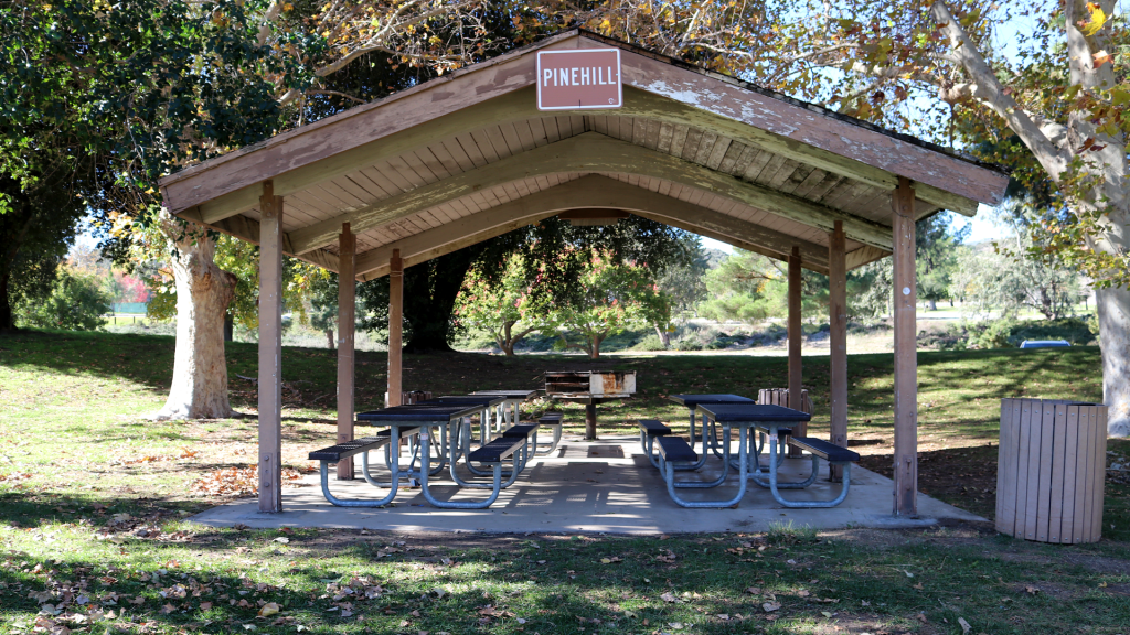 A photo of a small picnic shelter in disrepair with grass, trees and picnic tables inside the shelter.