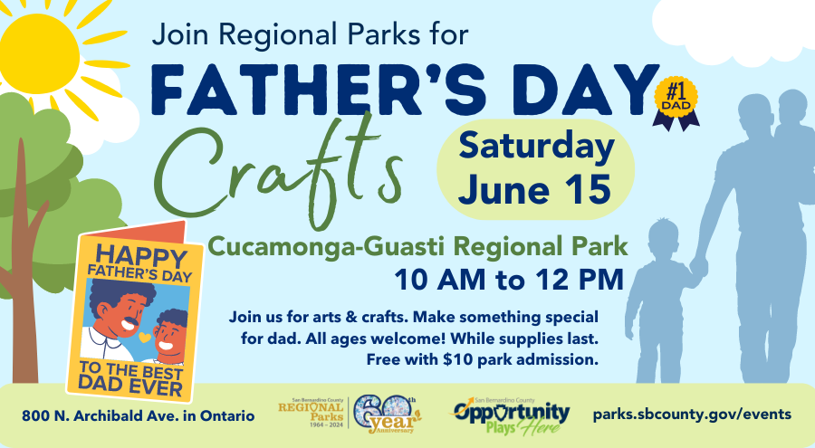 A silhouette of a man with to children and a tree and sun advertising Father's Day Crafts at Cuamonga-Guasti Regional Park on Saturday June 15 from 10 a.m. to 12 p.m.