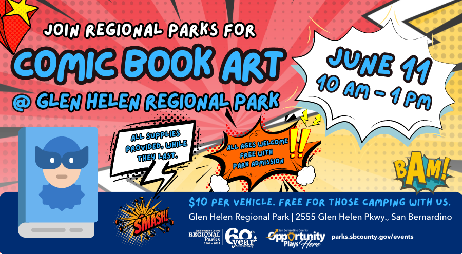 A cartoon comic book graphic advertising the comic book art event at Glen Helen Regional Park June 11.