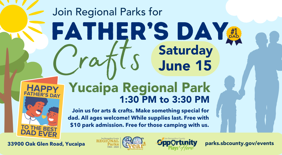 A silhouette of a man with to children and a tree and sun advertising Father's Day Crafts at Yucaipa Regional Park on Saturday June 15 from 1:30 p.m. to 3:30 p.m.