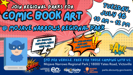 A cartoon comic book graphic advertising the comic book art event at Mojave Narrows Regional Park on July 16.