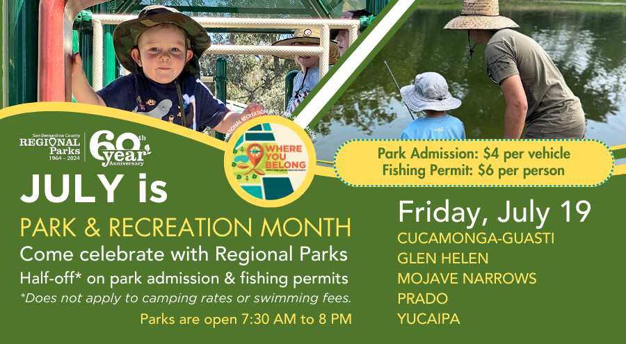 A little boy on the playground, a little boy fishing with his father and three kids enjoying the splash pad with the offer of half-price admission and fishing permits at Cucamonga-Guasti, Glen Helen, Mojave Narrows, Prado and Yucaipa Regional Parks.