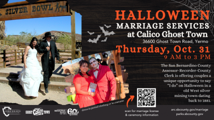 man and woman getting married at Calico Ghost Town. A couple dressed in red costumes at Calico Ghost Haunt 2023.