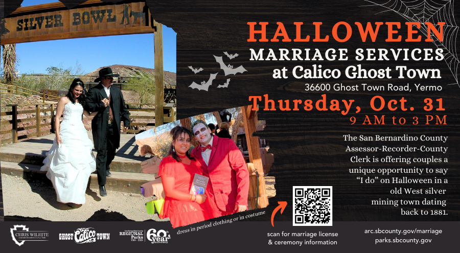 man and woman getting married at Calico Ghost Town. A couple dressed in red costumes at Calico Ghost Haunt 2023.