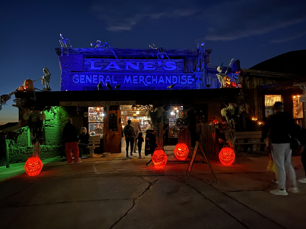 Lane's General Store nighttime photo with neon lights and pumpkins.