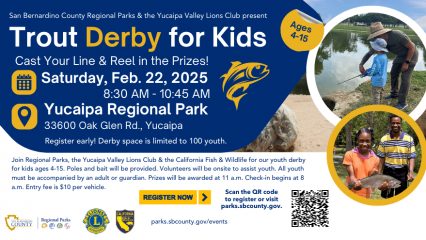 Father and son and father and daughter fishing at a lake. QR code to register for youth trout derby at Yucaipa Regional Park.