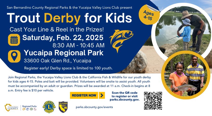 Father and son and father and daughter fishing at a lake. QR code to register for youth trout derby at Yucaipa Regional Park.