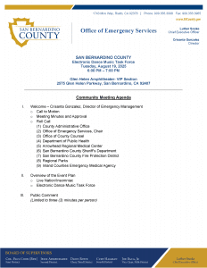The Electronic Dance Music Task Force meeting agenda on San Bernardino County letterhead.