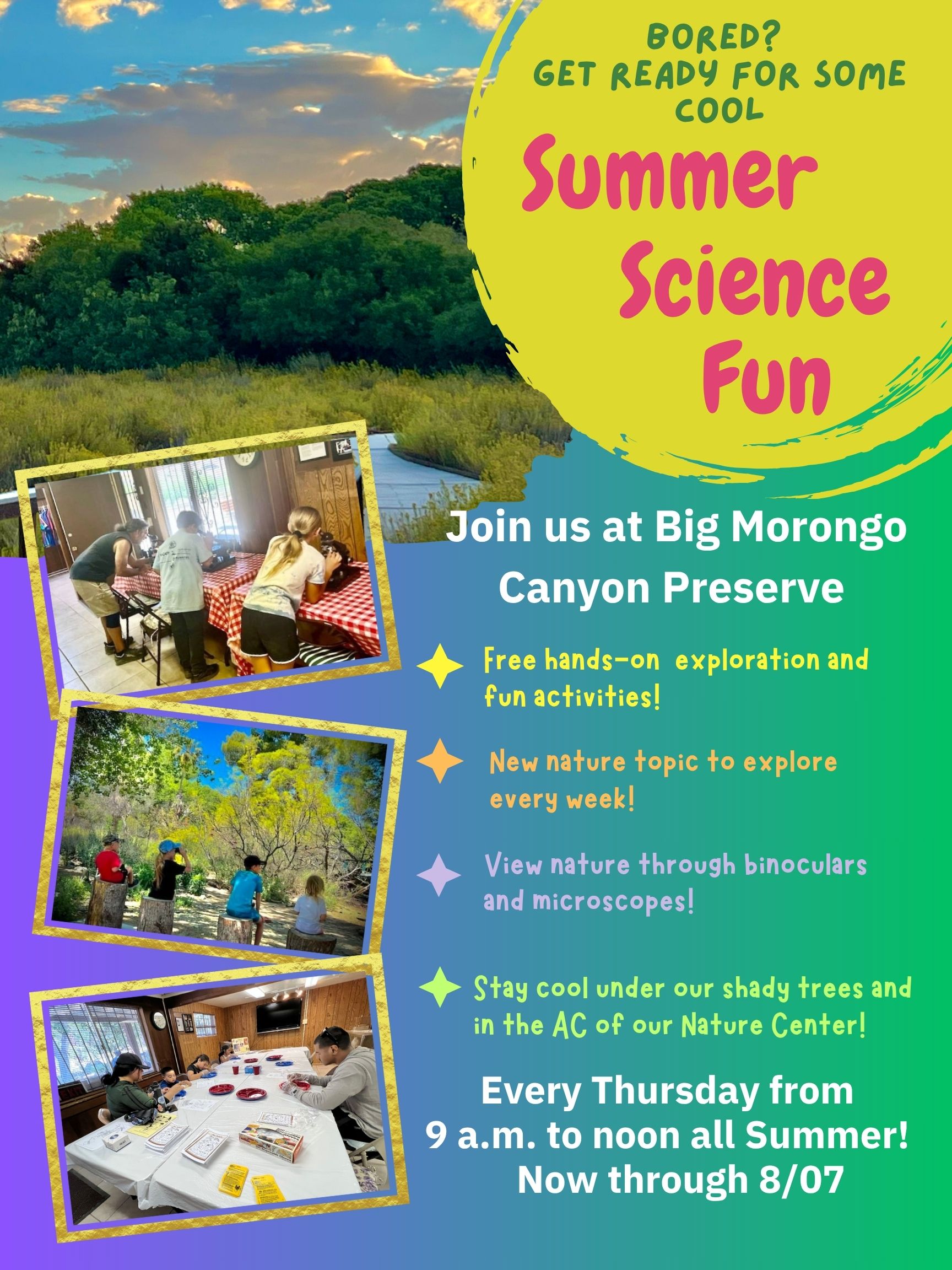 blue sky with white clouds, green trees and yellow weeds. Children inside looking at microscopes. Children outside look at birds and Children inside sitting at a table