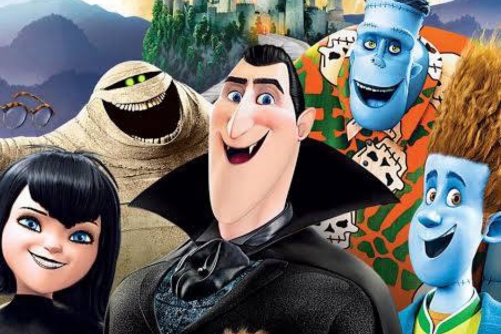 Five cartoon characters with a Dracula in center front. The characters from the movie Hotel Transylvania.
