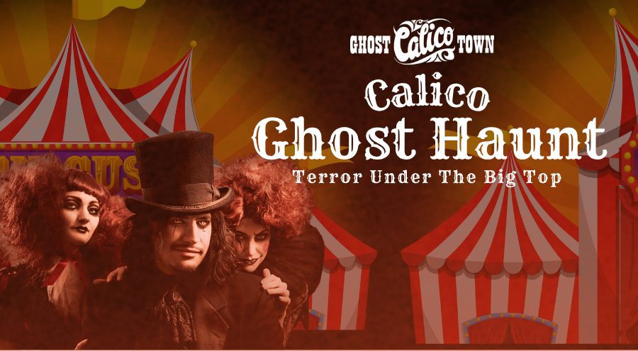 A circus theme background with tents with three circus-type people.