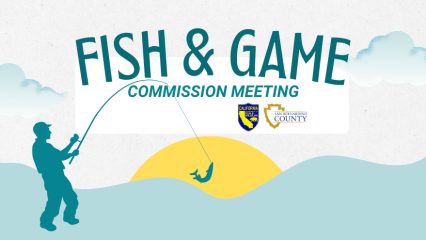 A sea and sun with clouds and a shadow fisherman on the left catching a fish pulling back on his rod. The California Fish & Wildlife log and the San Bernardino County logo on the right under the words Fish & Game Commission Meeting.