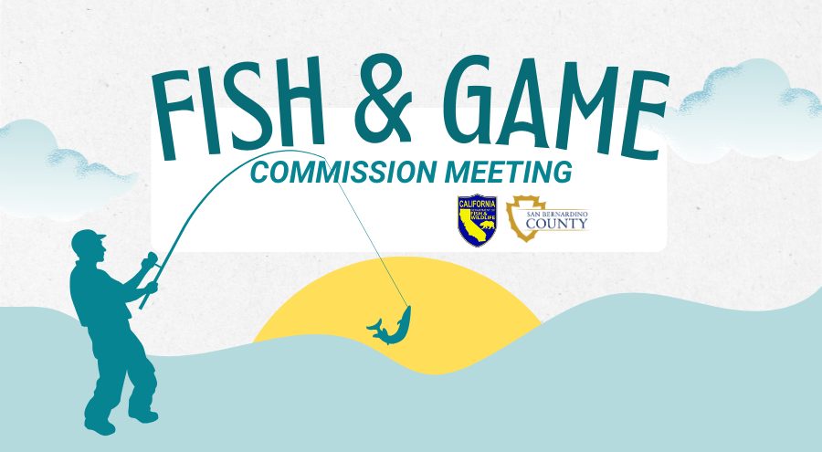 A sea and sun with clouds and a shadow fisherman on the left catching a fish pulling back on his rod. The California Fish & Wildlife log and the San Bernardino County logo on the right under the words Fish & Game Commission Meeting.