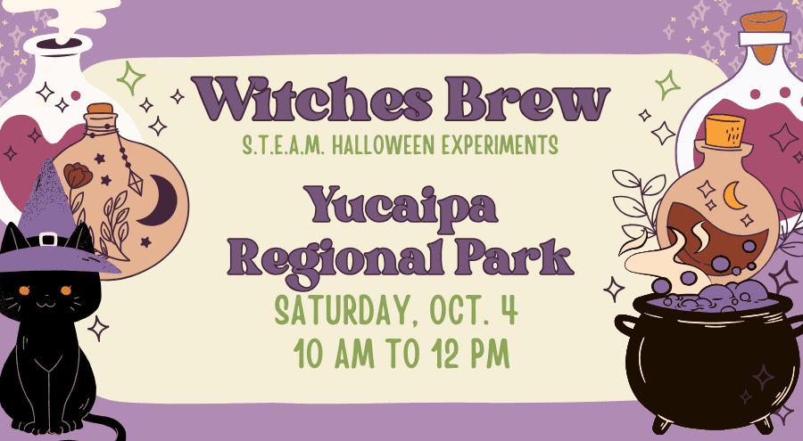 In bold font at the top reads Witches Brew and S.T.E.A.M. in green bold font Halloween Experiments. There is an illustration of some magical stars. On the right is an illustration of a cauldron bottle with a cork and some liquid inside. The graphic has bubbles and stars as decoration on the right and left-hand sides. Underneath is Yucaipa Regional Park, Saturday, Sept. 4, 10 a.m. to 12 p.m. An illustration of a cat wearing a pointed purple witch’s hat is at the bottom left-hand corner.