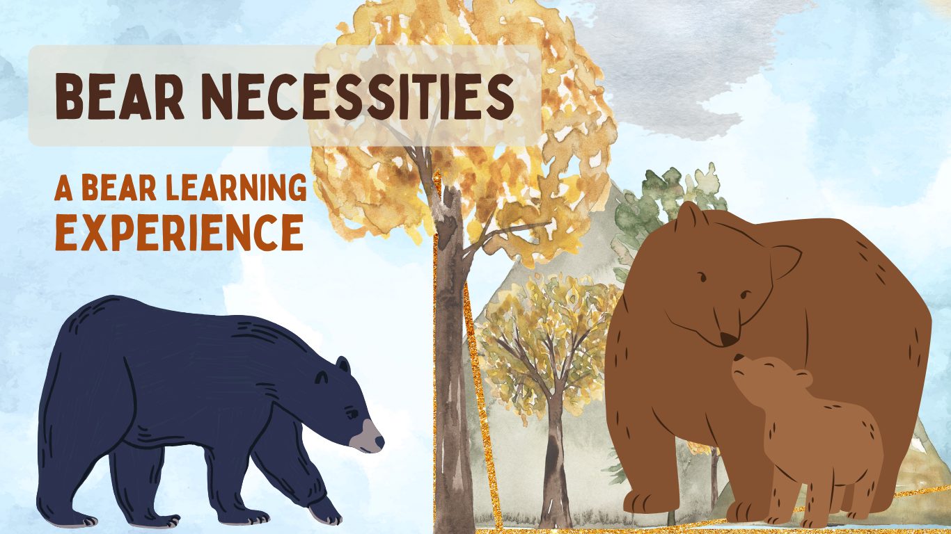 A brown bear with cub and black bear with a tree and mountains in the background.