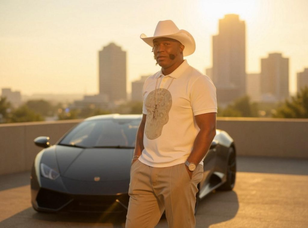 An African-American man stands in front of a black sports car on the top floor of a parking garage structure with tall downtown buildings behind him.