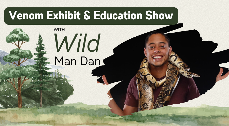 A man with a boa constrictor around his neck with trees and grass painted tapestry in the background with Venom Exhibit & Education Show written at the top.