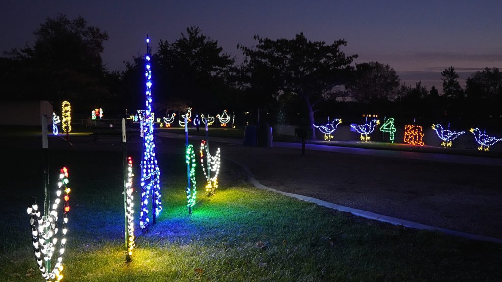 Many holiday lights are seen along a path at Cucamonga-Guasti Regional Park.