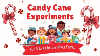 A group of children with candy canes and chemistry beakers with Candy Cane Experiments and Fun Science for the Whole Family.