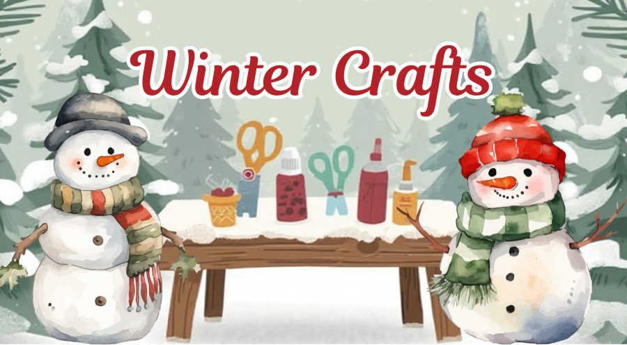 Two snowmen flank a picnic table with arts & crafts items covered in snow with trees and snow falling in the background.