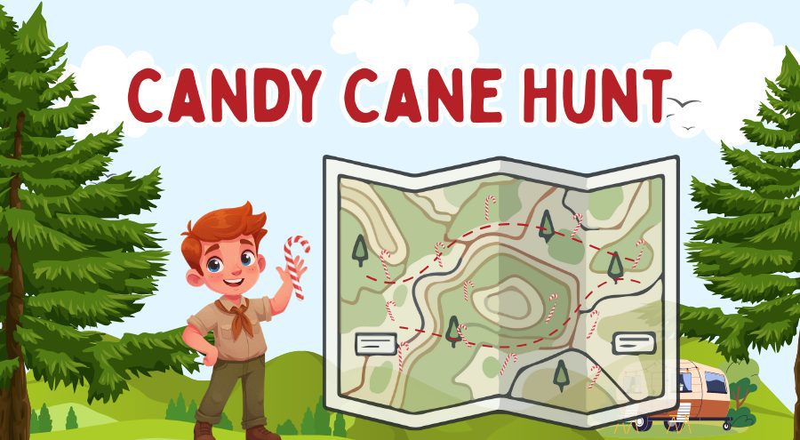 An illustration of a boy dressed in a park ranger outfit holding a candy cane with a map with little candy canes throughout with a park setting with green hills and tress and a small camper against blue sky and puffy white clouds and Candy Cane Hunt lettering at the top.