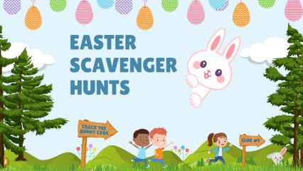 A park setting with trees and grass and decorative Easter eggs at the top against a blue sky with clouds. A Easter bunny on the right side with the words Easter Scavenger Hunt on the left. Wooden signs on a post say Crack the Bunny Code and Clue #1 with kids running. A Easter bunny is under the right tree and a golden egg is under the left tree.