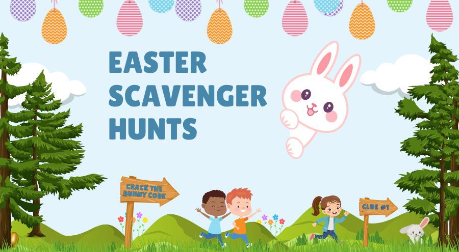 A park setting with trees and grass and decorative Easter eggs at the top against a blue sky with clouds. A Easter bunny on the right side with the words Easter Scavenger Hunt on the left. Wooden signs on a post say Crack the Bunny Code and Clue #1 with kids running. A Easter bunny is under the right tree and a golden egg is under the left tree.