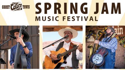 Three male musicians play musical instruments while on stage at Calico Ghost Town with text Spring Jam, Music Festival, Saturday, May 9, 9 AM to 7 PM, with the Calico logo.