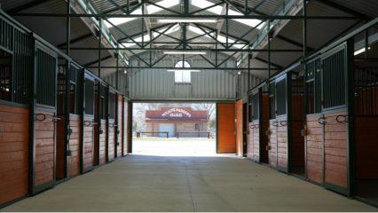 The inside view of the new barn and stalls with a glimpse of an older stable building visible through the open barn doors.