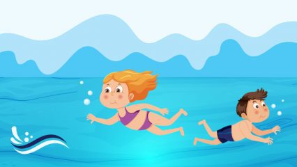 An illustration of a girl and boy swimming underwater.