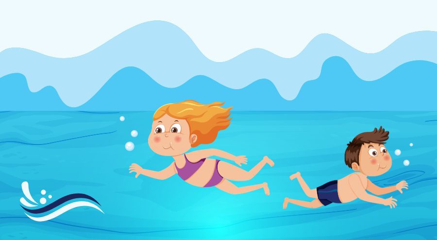 An illustration of a girl and boy swimming underwater.
