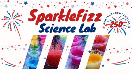 Red, white and blue stars and flares with photos of cups containing colorful solid mass compound forming icicles and words SparkleFizz Science Lab, Semiquincentennial 250 in front of flares.