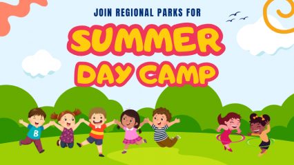 A park setting with kids playing on the grass and the words Join Regional Parks For Summer Day Camp.