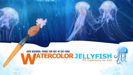 Illustrations of pink jellyfish under water with a paint brush and blotch of pastel pink color with the words Join Regional Parks For, Watercolor Jellyfish, Art Experience for Kids with a jellyfish.