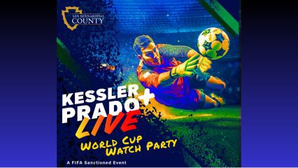 A male soccer goalie dives to touch a soccer ball in mid-air with text Kessler a plus sign and Prado Live World Cup Watch Party, A FIFA Sanctioned Event with the County logo.