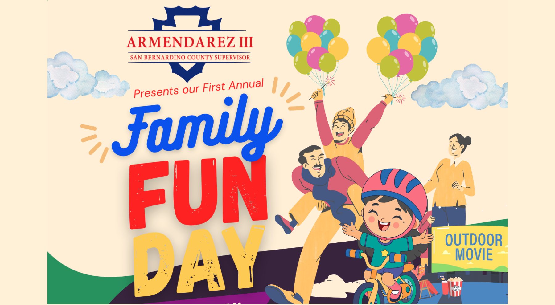 The illustration features a smiling family enjoying outdoor activities, including a child riding a bicycle, colorful balloons, clouds and an outdoor movie screen. Large text reads, Presents our First Annual Family Fun Day.