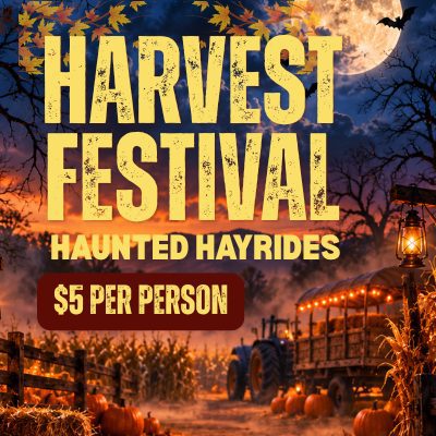Halloween-themed scene features a moonlit autumn night with pumpkins, corn stalks, a tractor pulling a hay wagon, glowing lanterns and fall leaves with overlaying text: Harvest Festival Haunted Hayrides,$5 per person.