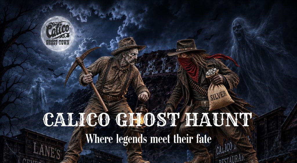A ghostly 1880s silver miner holding a pickaxe facing an outlaw carrying a bag of silver. The nighttime Calico Ghost Town scene includes a full moon, storm clouds, bats and ghostly apparitions. Text: Calico Ghost Haunt, Where legends meet their fate.